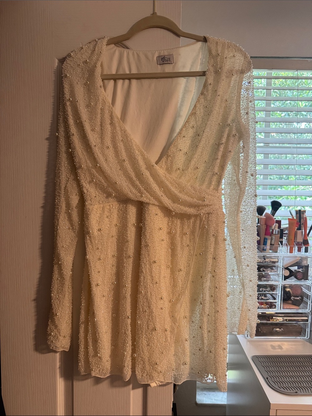 Oh Polly Ivory Beaded Long Sleeve Mini Dress